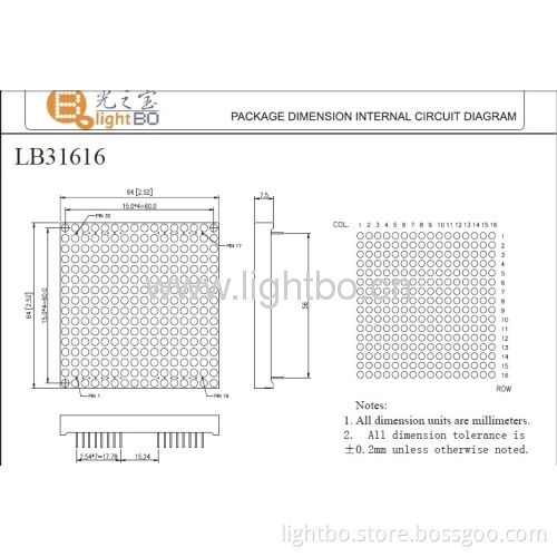 3mm 16 X 16 Dot Matrix Led Display With Package Dimension 64 X 64 X7.5mm,various Colours Available 